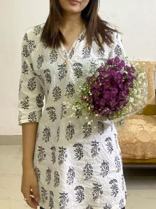 Viscose Rayon Single Long Kurti for Women | A-Line Kurta | V Neck Tunic for Women | 3/4 Sleeve Straight Kurta | White