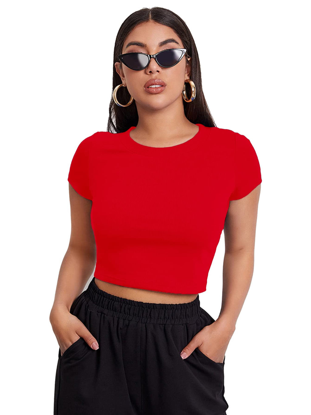 Aahwan Black Solid Ribbed Slim Fit Baby Tee Crop Top for Women's & Girls' (116_Black-L)