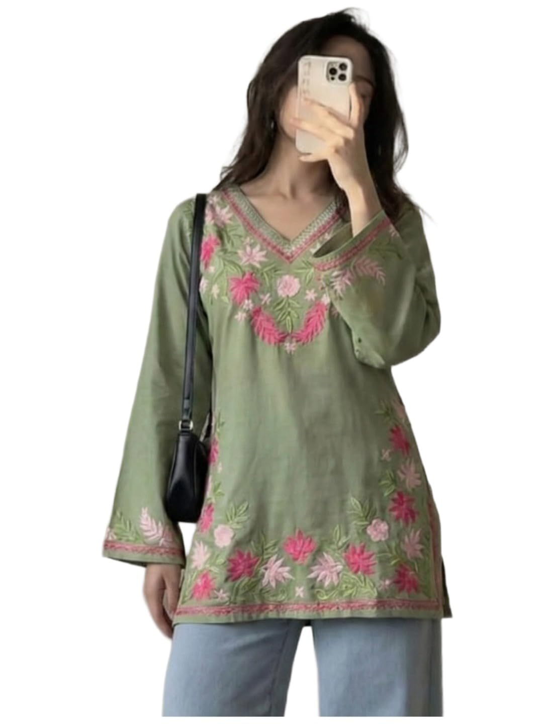 ANNI Designer Short Kurti for Women Viscose Embroidered | Kurti for Woman Regular Fit | V-Neck Full Sleeve Stylish Ladies Top Ethnic Wear Womens Clothing Trendy Kurta Tops
