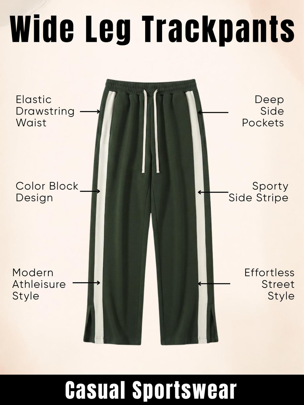 GRECIILOOKS Men Casual Trouser | Men’s Wide Leg Track Pants with Contrast Side Panel | Relaxed Drawstring Fit Streetwear Trousers | Loose Fit Joggers for Man