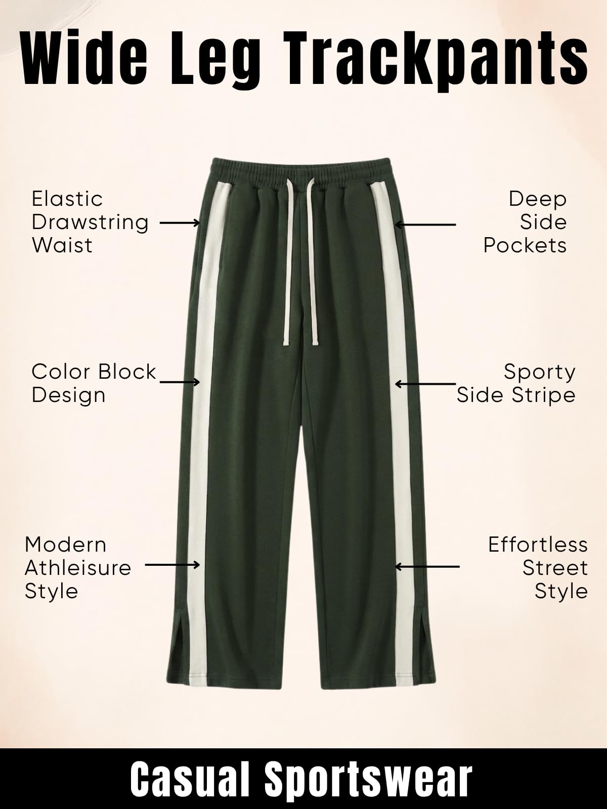 GRECIILOOKS Men Casual Trouser | Men’s Wide Leg Track Pants with Contrast Side Panel | Relaxed Drawstring Fit Streetwear Trousers | Loose Fit Joggers for Man
