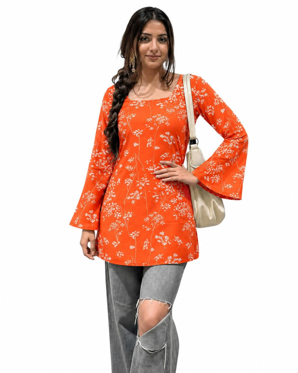 SONISHA Women's Rayon Floral Print Short Kurti for Women Elegance Square Neck, Long Sleeves with Style Criss Cross Back Kurti, Top for Office Wear, Casual, Outdoor