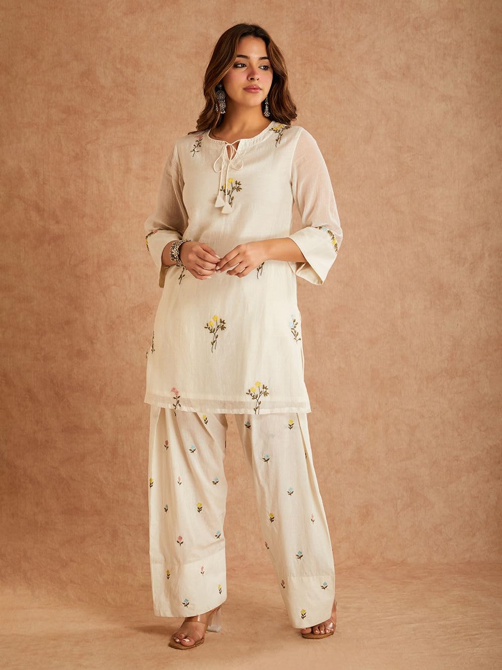 ANNI Designer Farshi Salwar Suit for Women Viscose Embroidered | Co Ord Set for Woman | Straight Kurta Palazzo Outfit Round Neck V Slit 3/4 Sleeve Ethnic Dress Womens Clothing