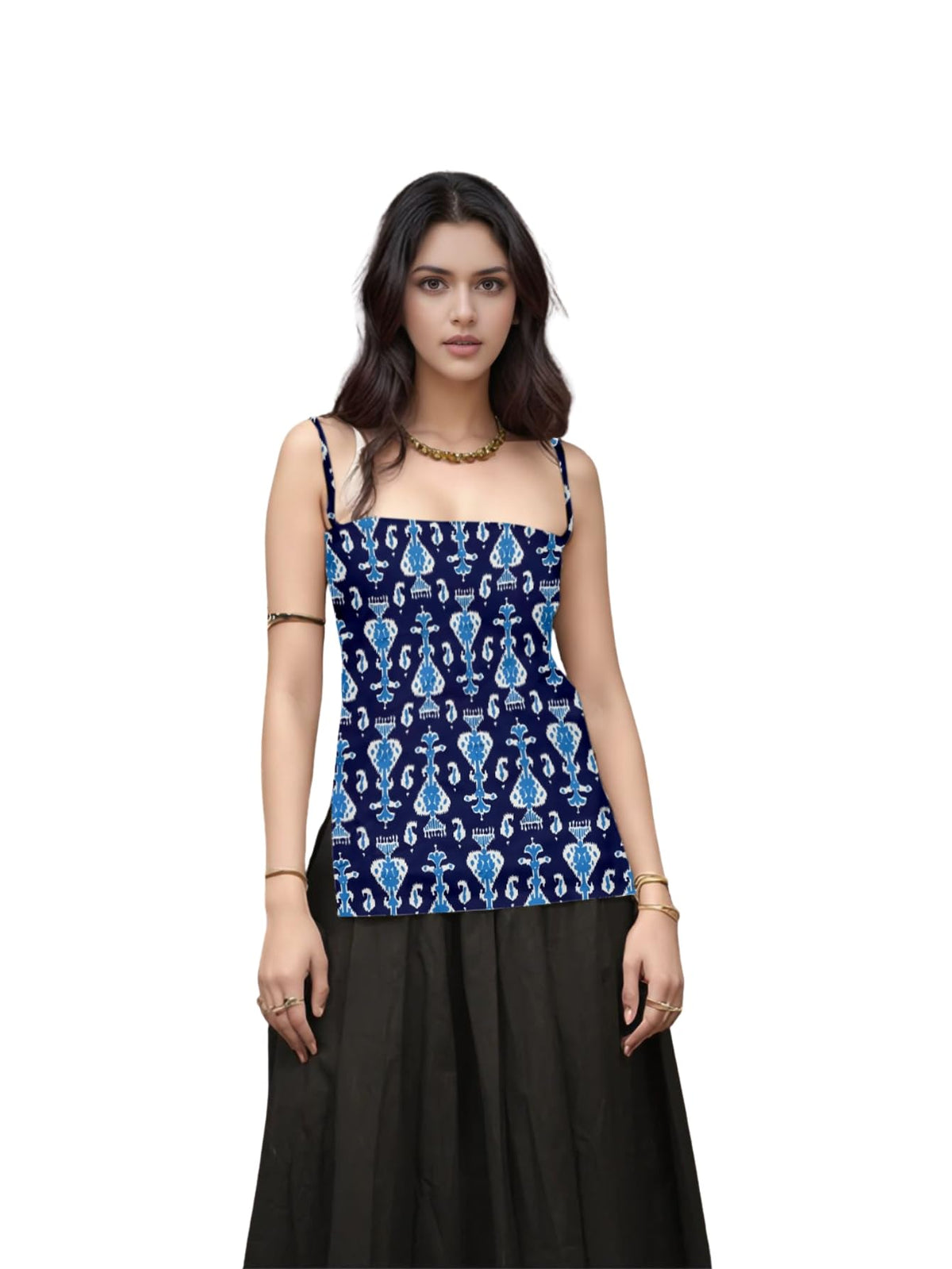 Aahwan Black Printed Square Neck Sleeveless Backless Short Indo-Western Ethnic Kurti Top for Women's & Girl's