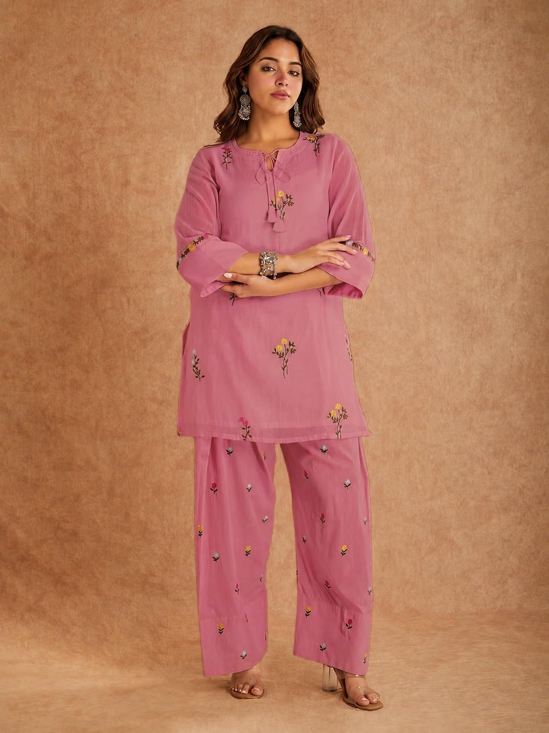 ANNI Designer Farshi Salwar Suit for Women Viscose Embroidered | Co Ord Set for Woman | Straight Kurta Palazzo Outfit Round Neck V Slit 3/4 Sleeve Ethnic Dress Womens Clothing