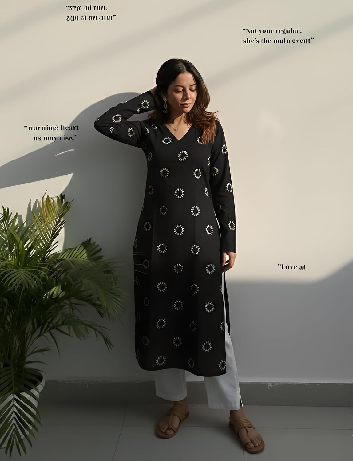 SAICHA Women's Rayon Printed Long Kurti, Black, Full Sleeve, Ankle Length
