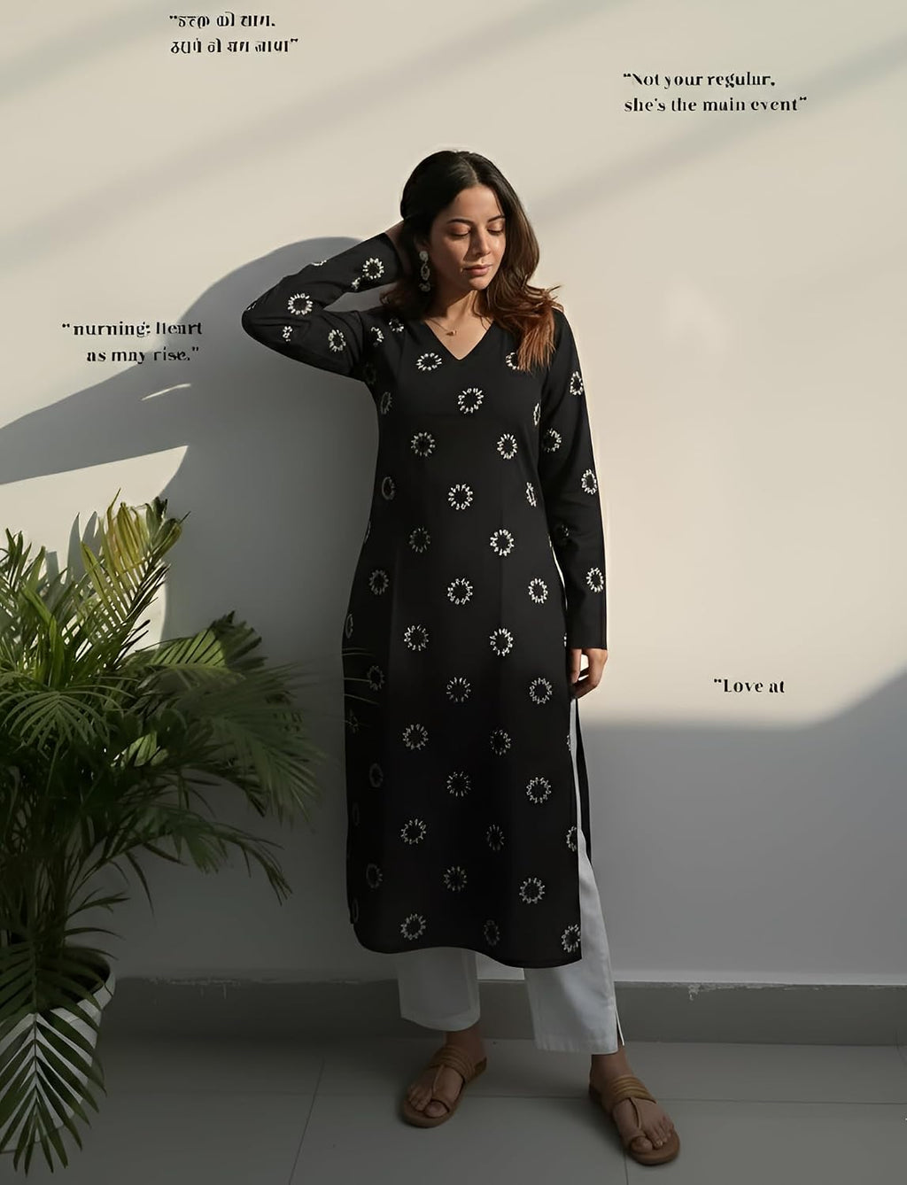 SAICHA Women's Rayon Printed Long Kurti, Black, Full Sleeve, Ankle Length