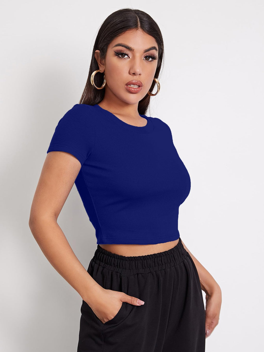 Aahwan Black Solid Ribbed Slim Fit Baby Tee Crop Top for Women's & Girls' (116_Black-L)