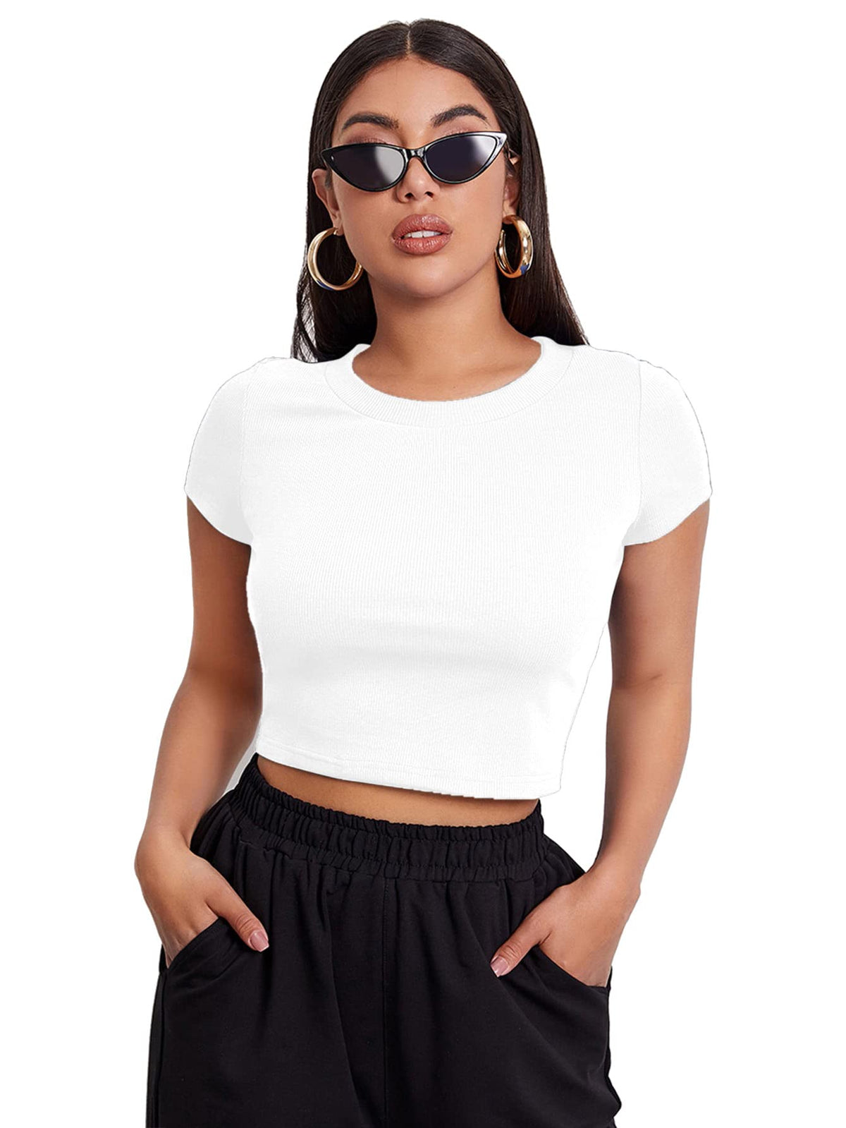 Aahwan Black Solid Ribbed Slim Fit Baby Tee Crop Top for Women's & Girls' (116_Black-L)