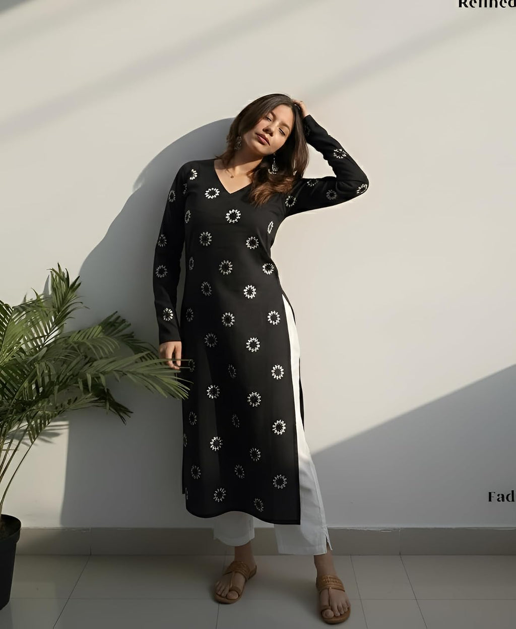 SAICHA Women's Rayon Printed Long Kurti, Black, Full Sleeve, Ankle Length