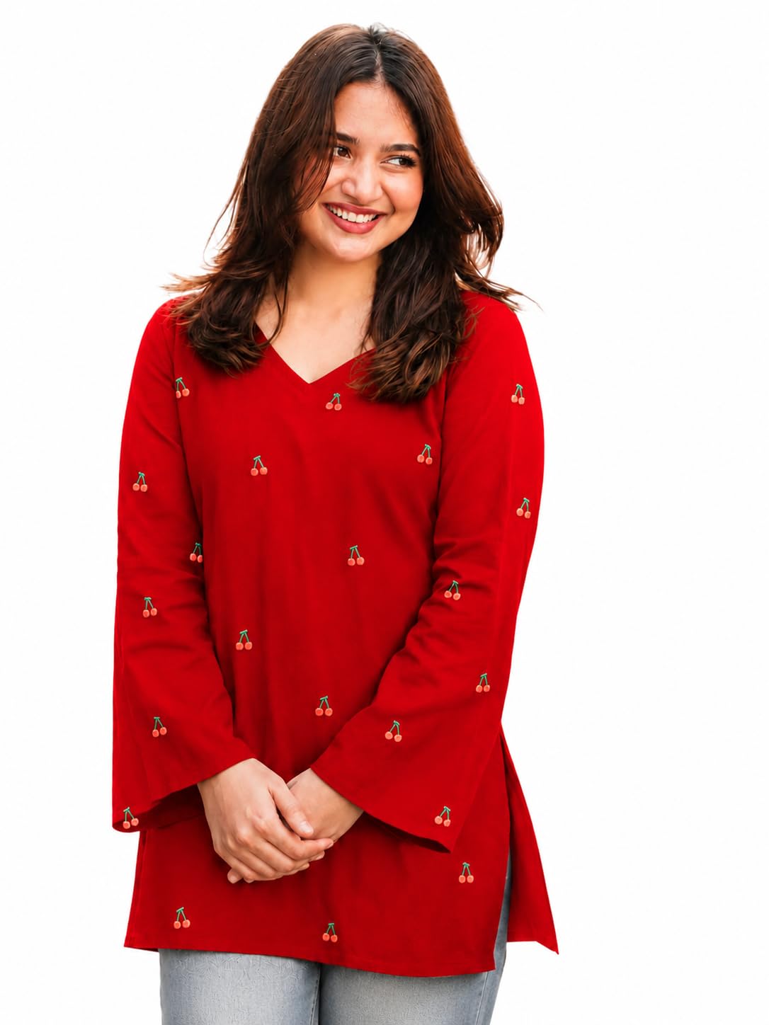 Yousafzai Brand Women's Rayon Embroidered Short Kurti | V-Neck | Full Sleeve | Cherry Embroidery | Regular Fit | Casual, Office & College Wear Top for Women (Red/White/Black)