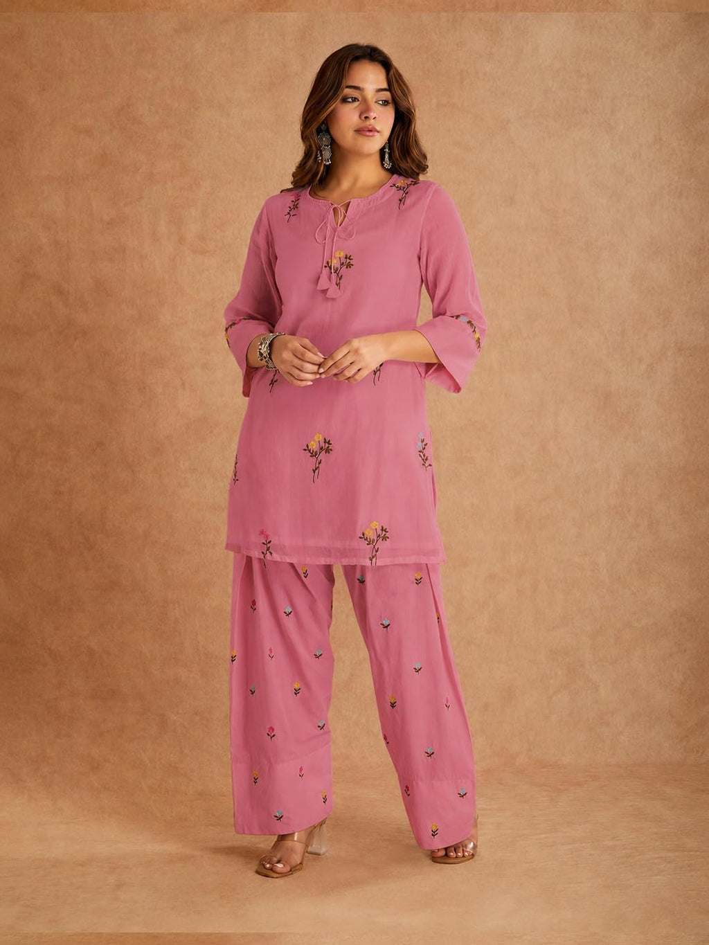 ANNI Designer Farshi Salwar Suit for Women Viscose Embroidered | Co Ord Set for Woman | Straight Kurta Palazzo Outfit Round Neck V Slit 3/4 Sleeve Ethnic Dress Womens Clothing
