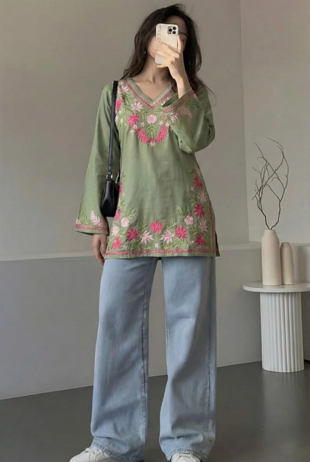 ANNI Designer Short Kurti for Women Viscose Embroidered | Kurti for Woman Regular Fit | V-Neck Full Sleeve Stylish Ladies Top Ethnic Wear Womens Clothing Trendy Kurta Tops