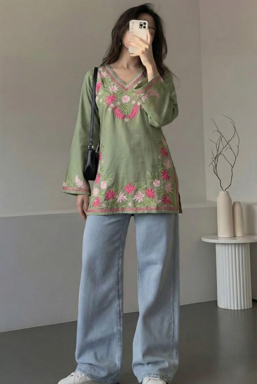 ANNI Designer Short Kurti for Women Viscose Embroidered | Kurti for Woman Regular Fit | V-Neck Full Sleeve Stylish Ladies Top Ethnic Wear Womens Clothing Trendy Kurta Tops