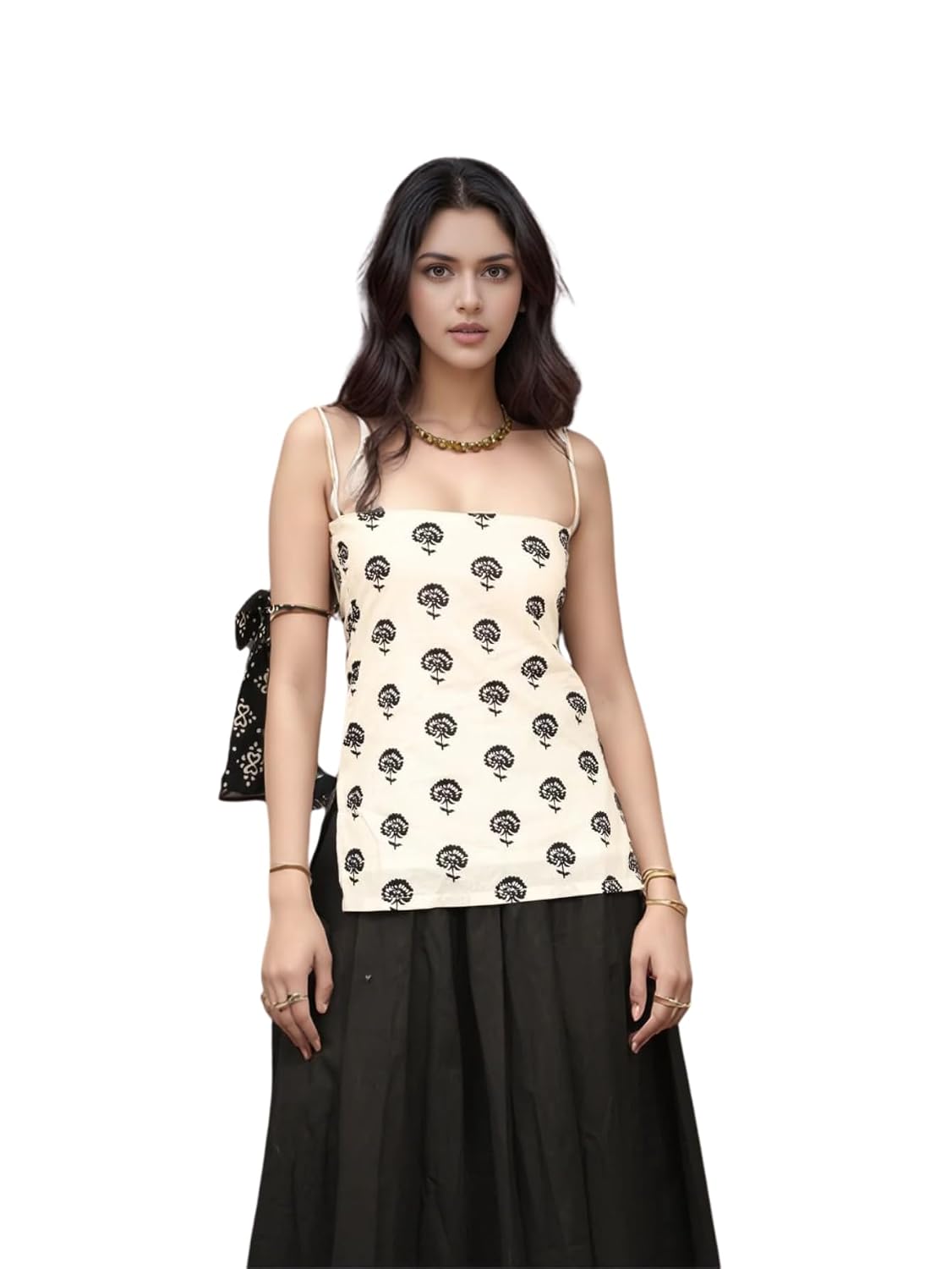 Aahwan Black Printed Square Neck Sleeveless Backless Short Indo-Western Ethnic Kurti Top for Women's & Girl's
