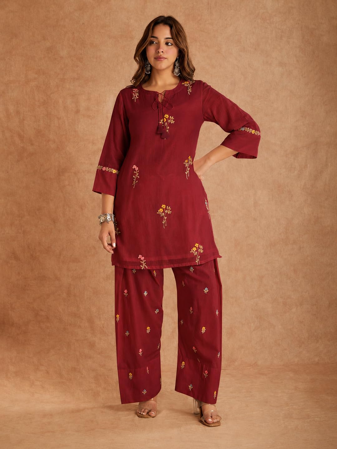 ANNI Designer Farshi Salwar Suit for Women Viscose Embroidered | Co Ord Set for Woman | Straight Kurta Palazzo Outfit Round Neck V Slit 3/4 Sleeve Ethnic Dress Womens Clothing