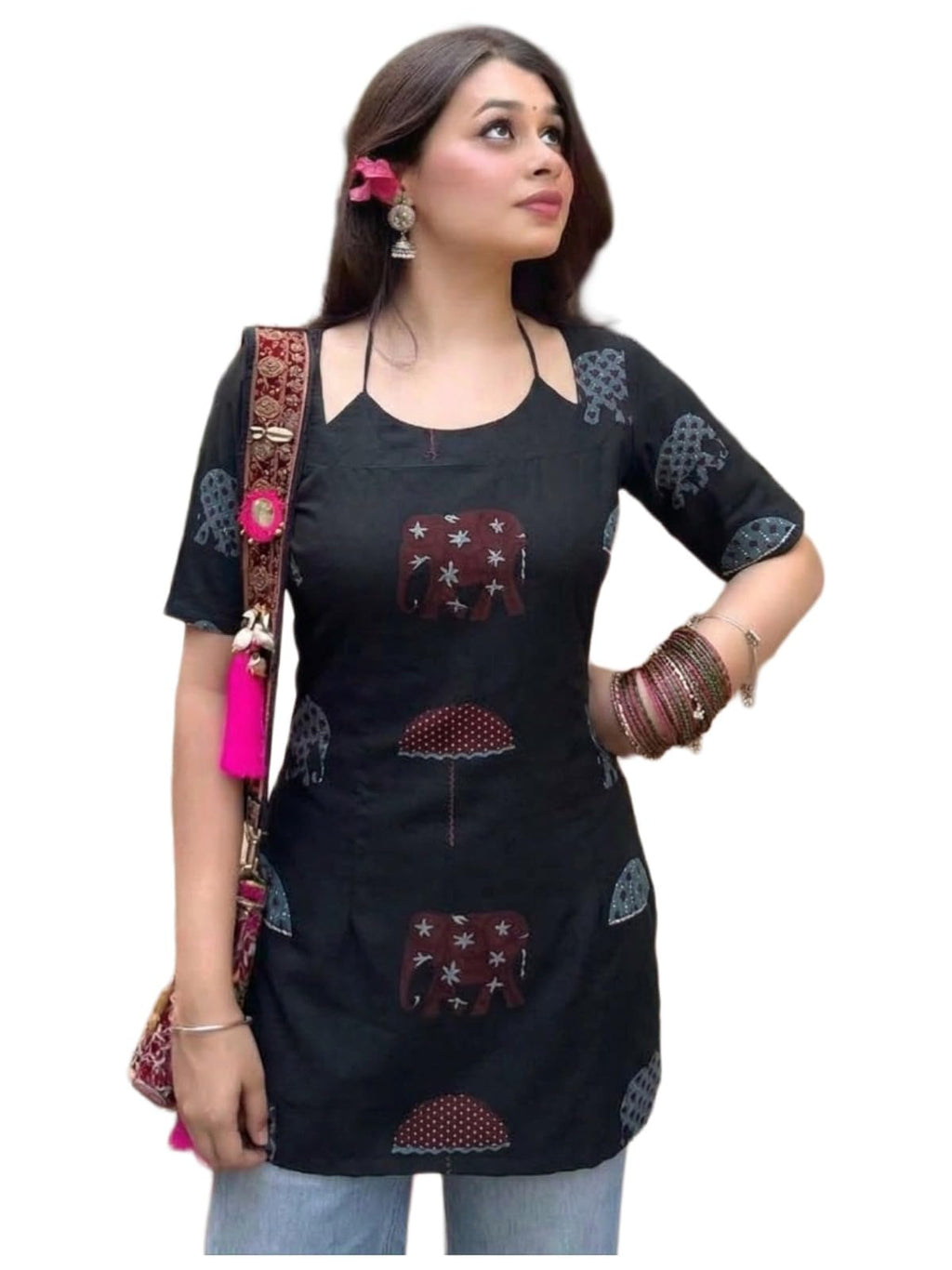 ANNI Designer Women’s Viscose Printed Short Kurti | Straight Fit Ethnic Top with Square Neck | Bell Sleeve Casual Indian Kurta for Office College, Party