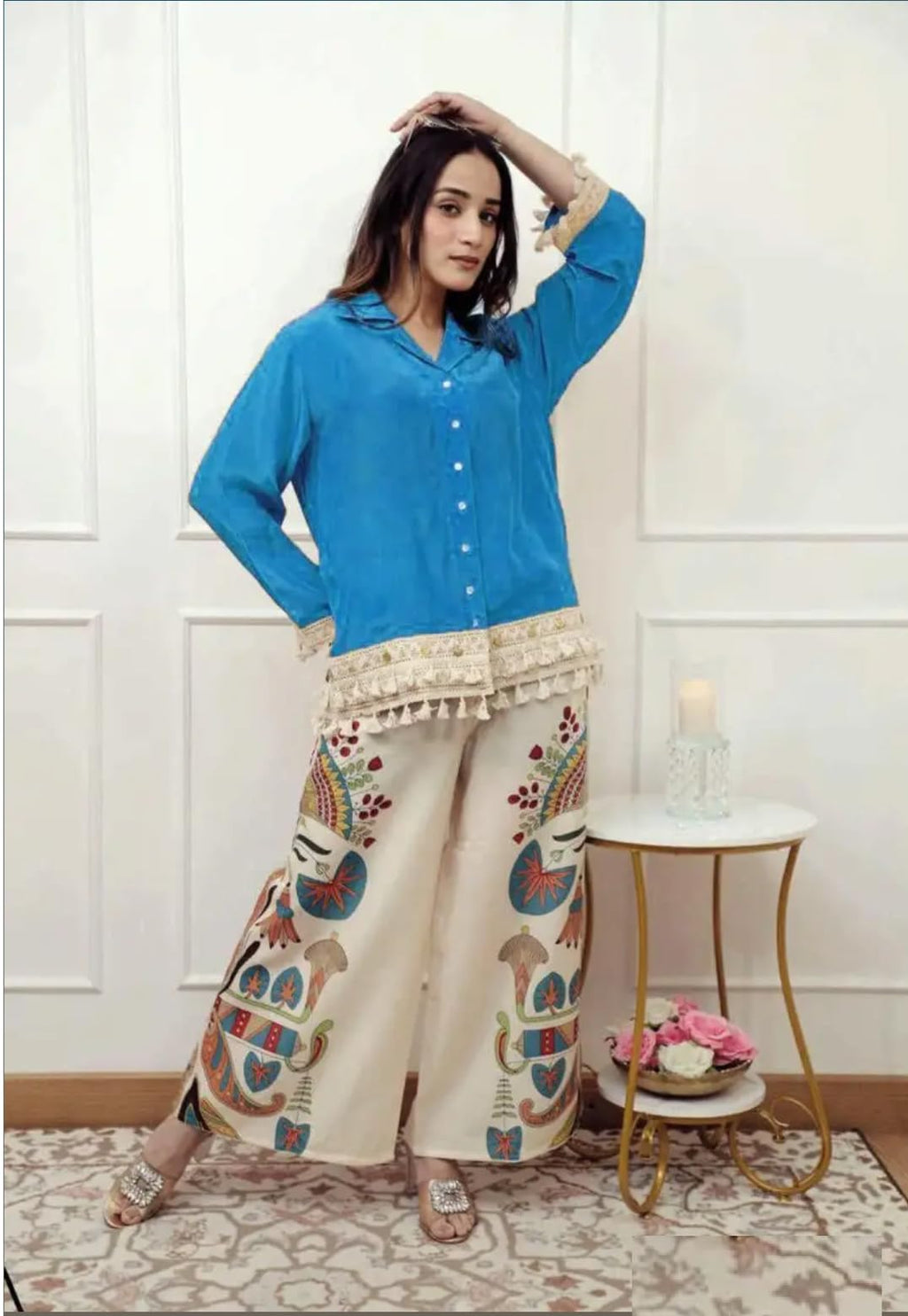 Co Ord Set for Women Stylish Card Set Dress for Women Trendy Top with Plazo Pant Ladies Coord Outfit Modern Wear for Travel Office Casual Look Premium Two Piece Clothing Style