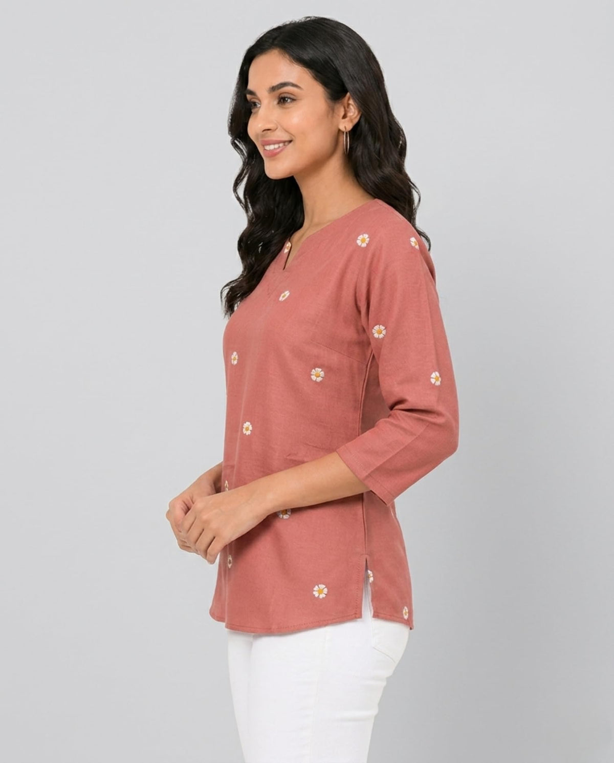 Women Peach Embroidered Cotton Short Kurti | Casual Office & College Kurti Top for Girls