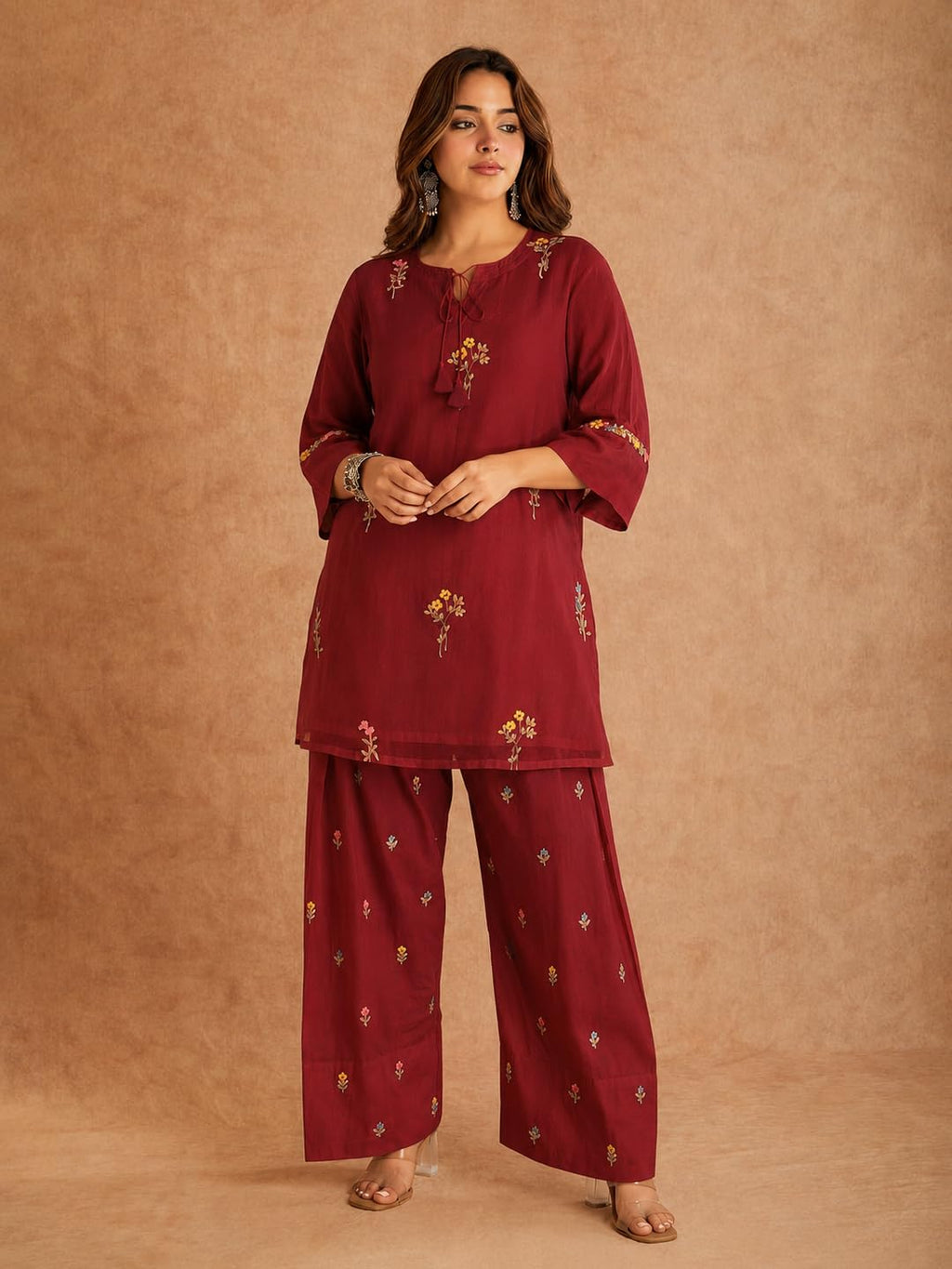 ANNI Designer Farshi Salwar Suit for Women Viscose Embroidered | Co Ord Set for Woman | Straight Kurta Palazzo Outfit Round Neck V Slit 3/4 Sleeve Ethnic Dress Womens Clothing