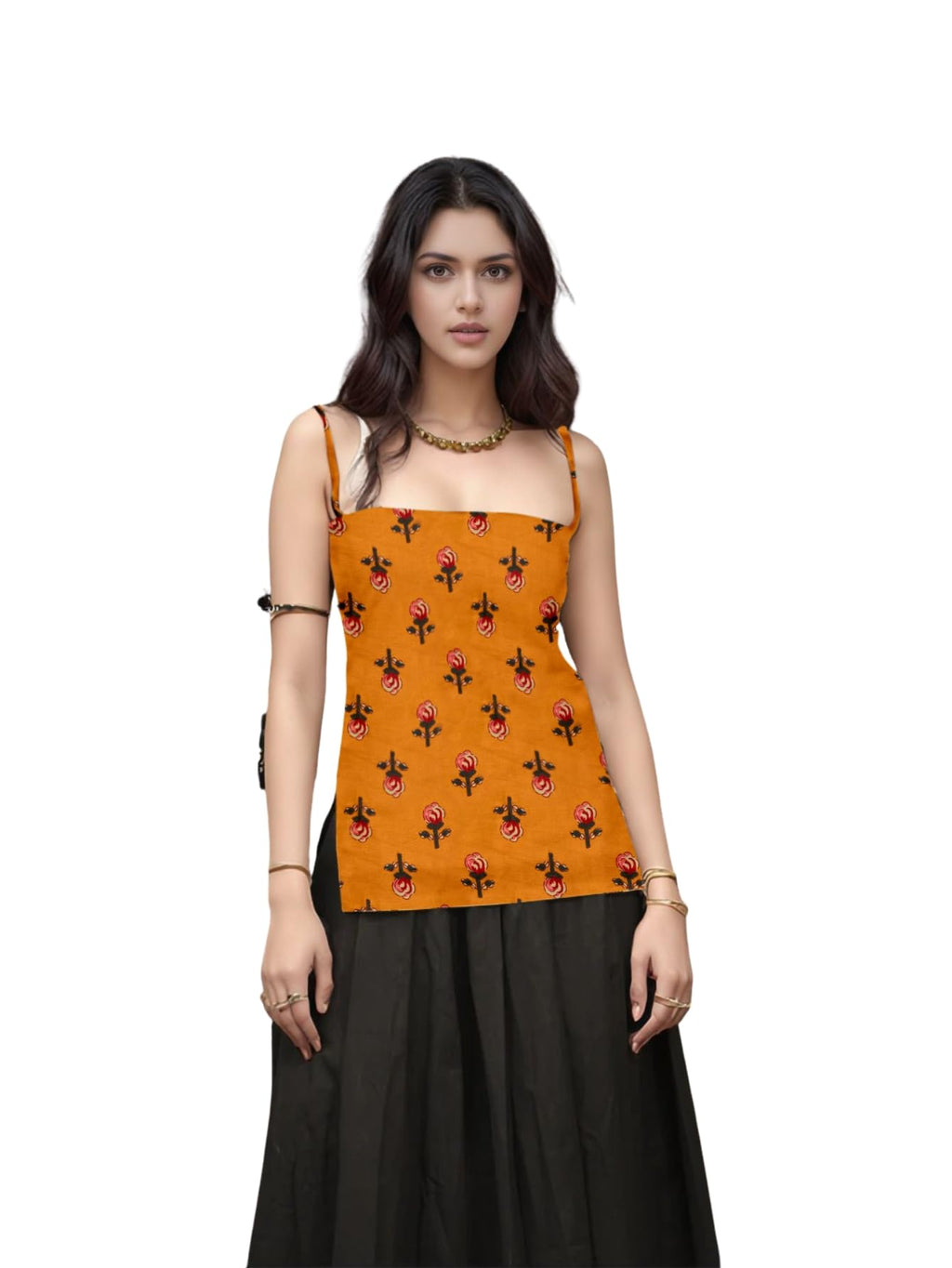 Aahwan Black Printed Square Neck Sleeveless Backless Short Indo-Western Ethnic Kurti Top for Women's & Girl's