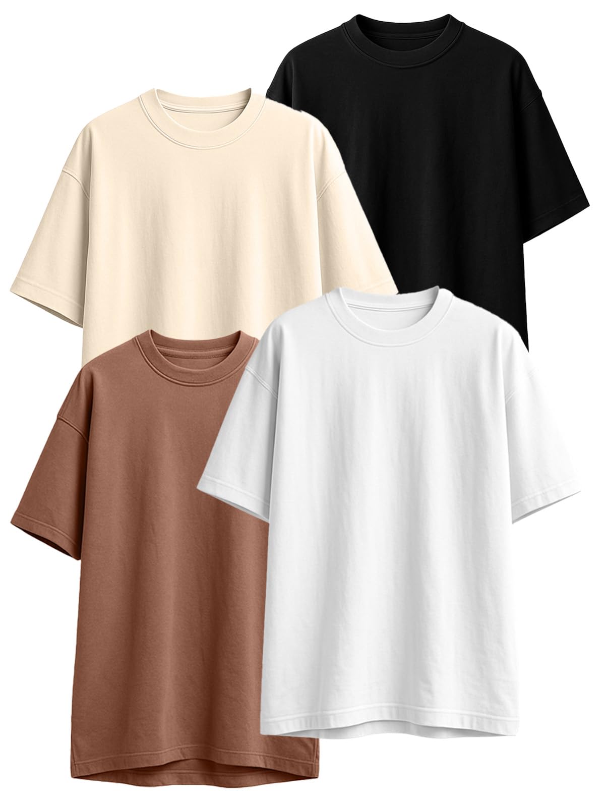JUNEBERRY® 100% Pure Cotton Oversized Loose Fit Half Sleeve Drop Shoulder Solid Core Round Neck Multicolor T-Shirt Combo for Women (Pack of 4) (Colors: Black, White, Swanwhite, Brown, Lilac & Maroon)