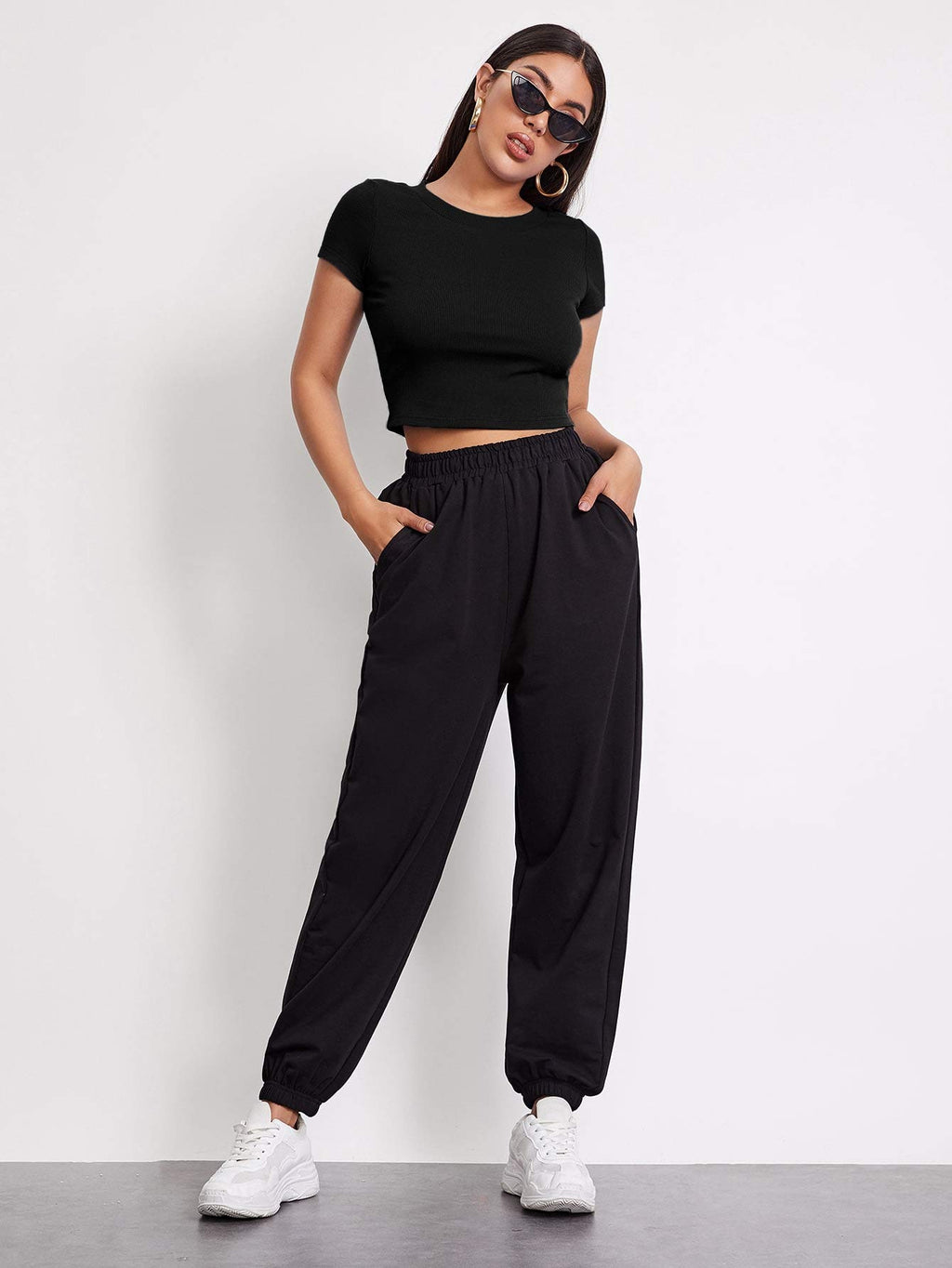 Aahwan Black Solid Ribbed Slim Fit Baby Tee Crop Top for Women's & Girls' (116_Black-L)