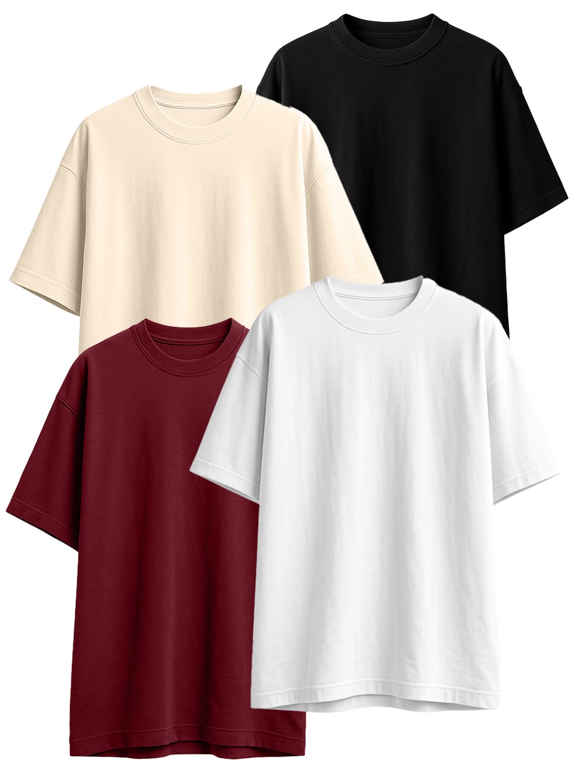 JUNEBERRY® 100% Pure Cotton Oversized Loose Fit Half Sleeve Drop Shoulder Solid Core Round Neck Multicolor T-Shirt Combo for Women (Pack of 4) (Colors: Black, White, Swanwhite, Brown, Lilac & Maroon)