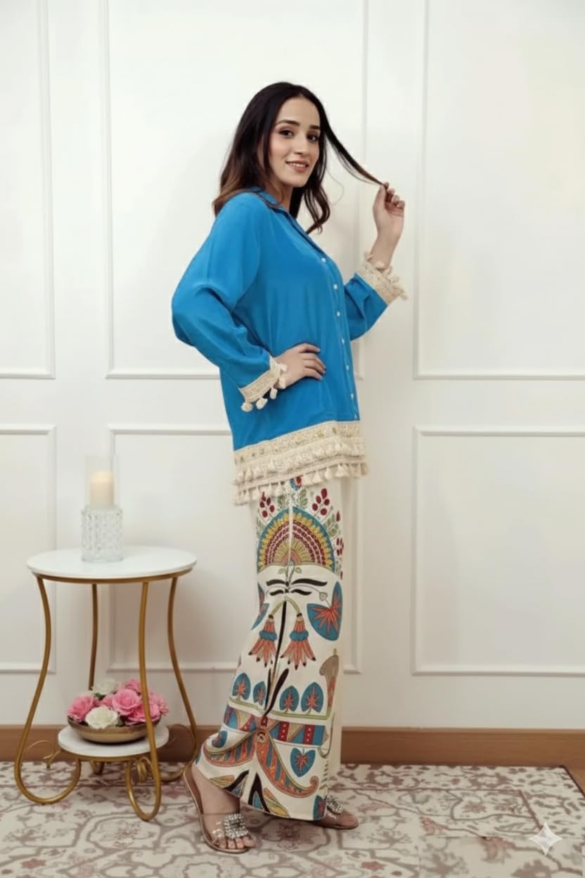 Co Ord Set for Women Stylish Card Set Dress for Women Trendy Top with Plazo Pant Ladies Coord Outfit Modern Wear for Travel Office Casual Look Premium Two Piece Clothing Style