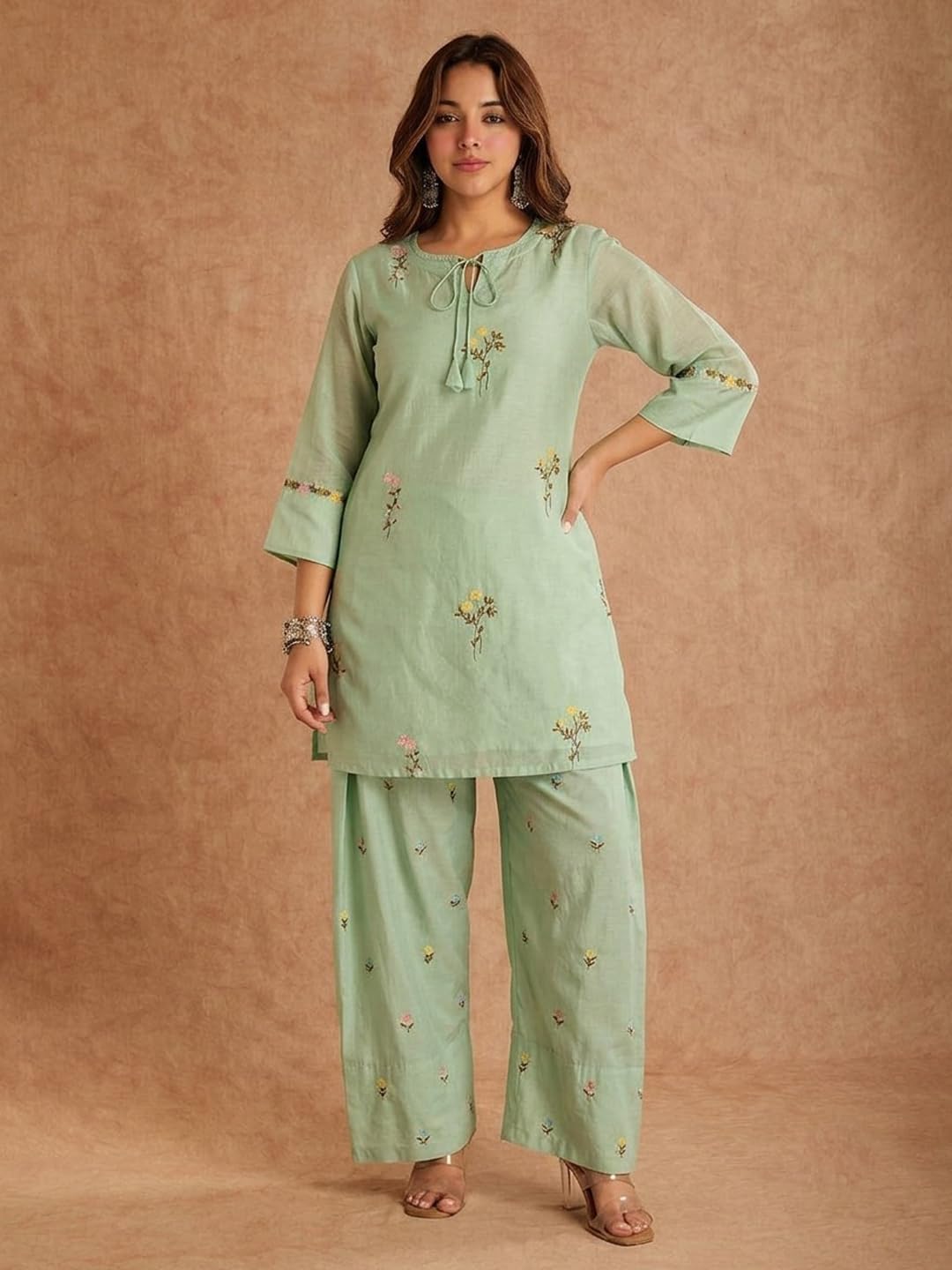 ANNI Designer Farshi Salwar Suit for Women Viscose Embroidered | Co Ord Set for Woman | Straight Kurta Palazzo Outfit Round Neck V Slit 3/4 Sleeve Ethnic Dress Womens Clothing