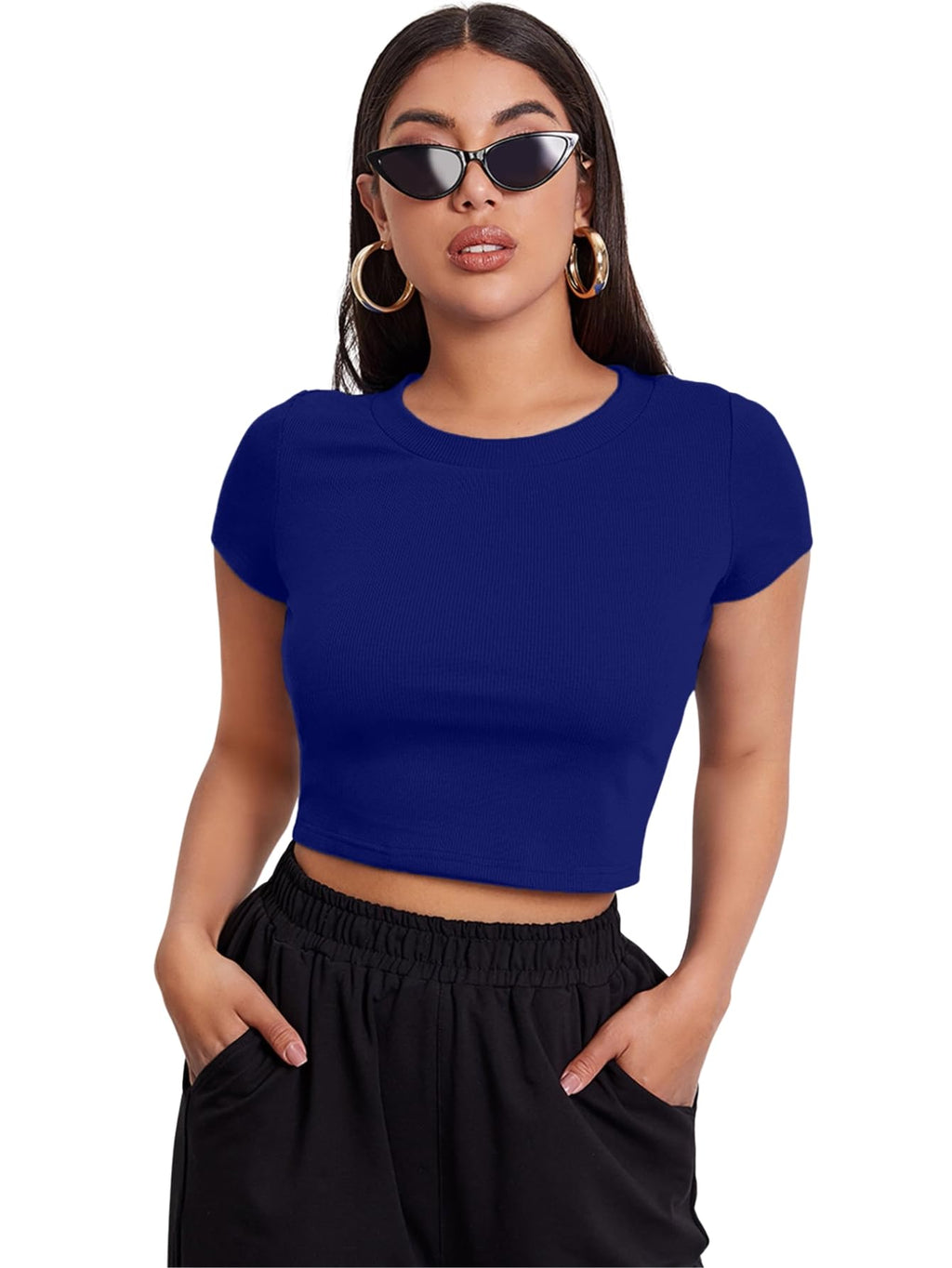 Aahwan Black Solid Ribbed Slim Fit Baby Tee Crop Top for Women's & Girls' (116_Black-L)