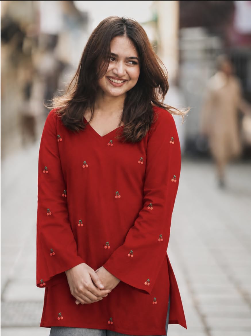 Yousafzai Brand Women's Rayon Embroidered Short Kurti | V-Neck | Full Sleeve | Cherry Embroidery | Regular Fit | Casual, Office & College Wear Top for Women (Red/White/Black)