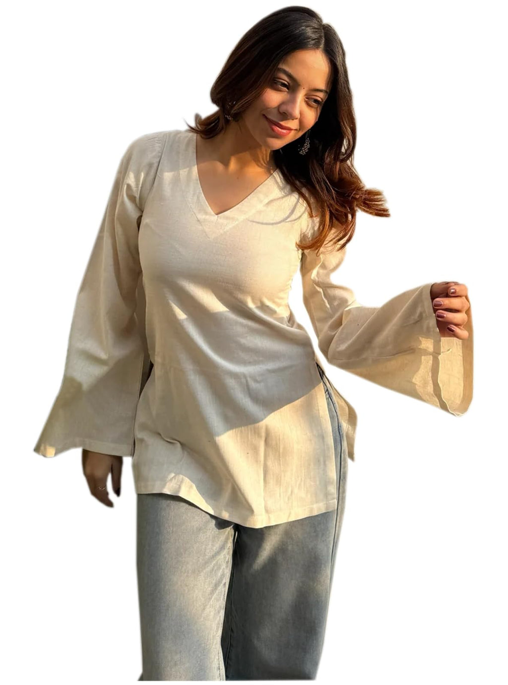 ANNI Designer Short Kurti for Women Latest Solid Design | V Neck Full Sleeve Kurti Tops for Women | Stylish Kurtis & Short Kurtis for Woman | Casual Kurti with Jeans | Kurtas for Woman