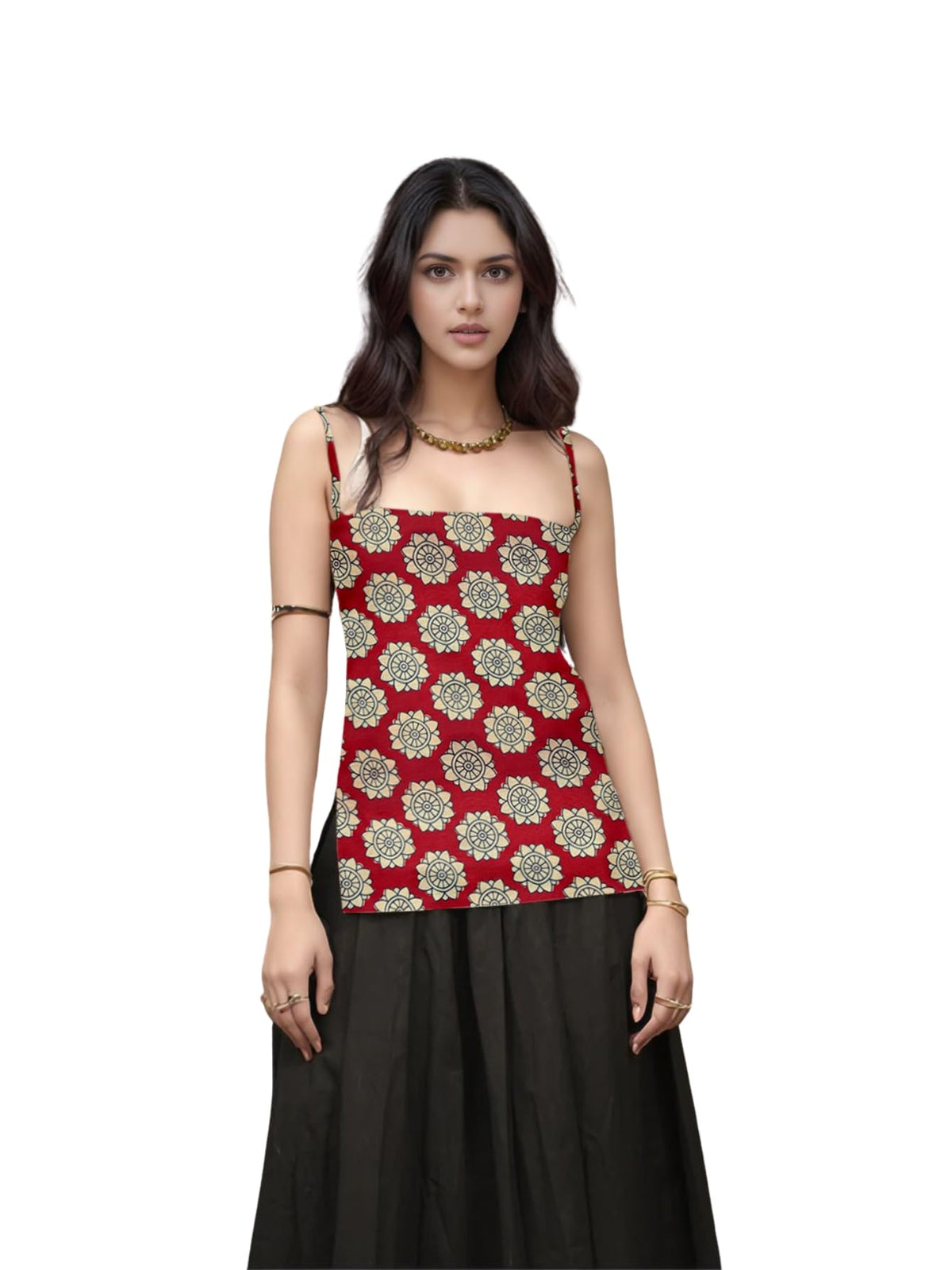 Aahwan Black Printed Square Neck Sleeveless Backless Short Indo-Western Ethnic Kurti Top for Women's & Girl's