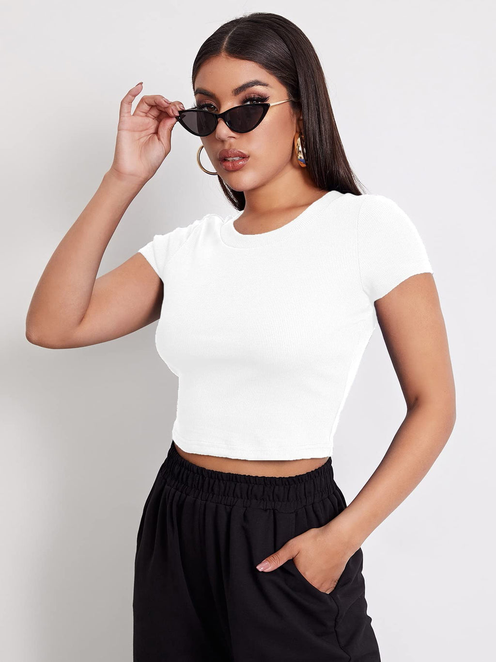 Aahwan Black Solid Ribbed Slim Fit Baby Tee Crop Top for Women's & Girls' (116_Black-L)