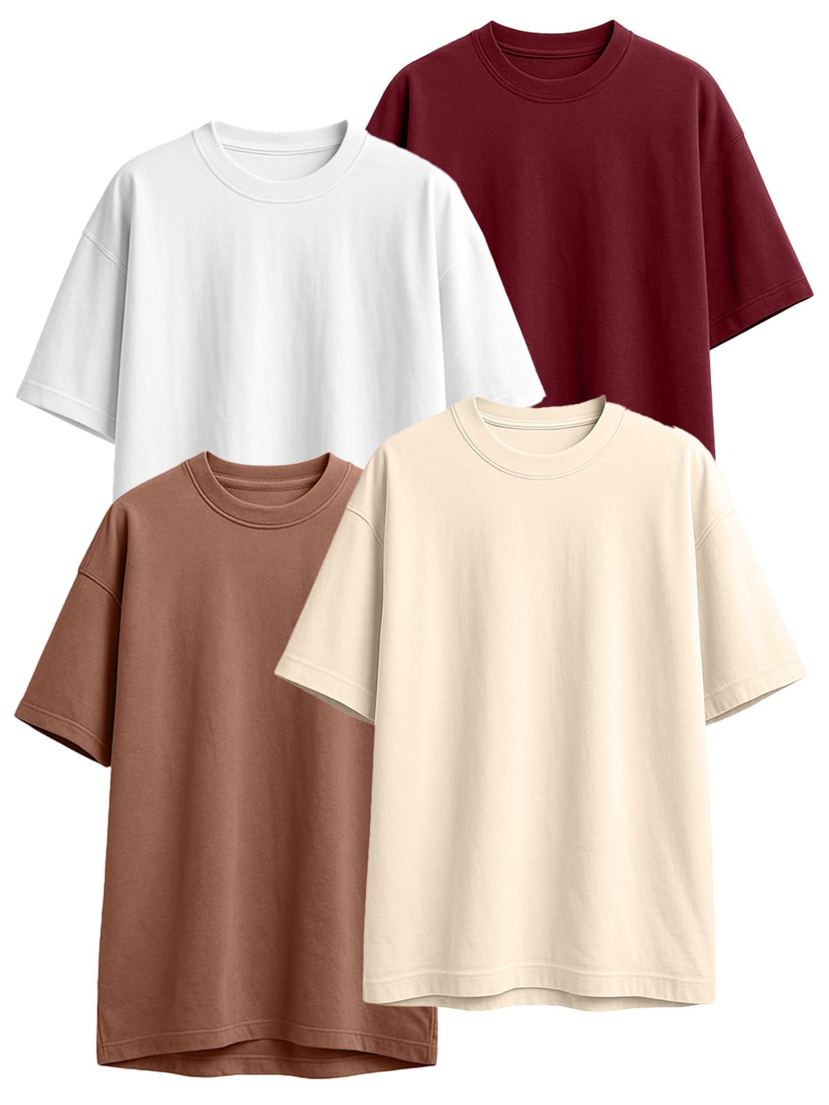 JUNEBERRY® 100% Pure Cotton Oversized Loose Fit Half Sleeve Drop Shoulder Solid Core Round Neck Multicolor T-Shirt Combo for Women (Pack of 4) (Colors: Black, White, Swanwhite, Brown, Lilac & Maroon)