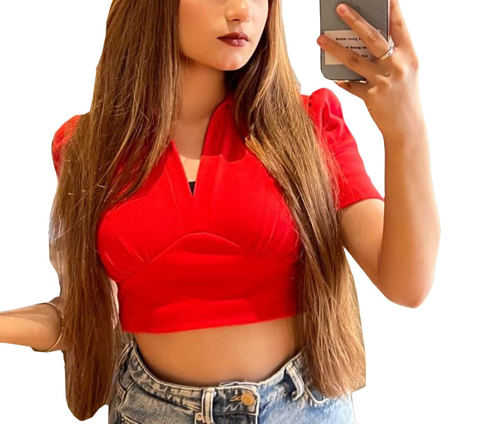 Aahwan Women's & Girls' Solid Basic V Neck Collared Ribbed Slim Fit Crop Top