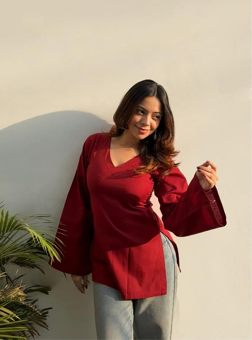ANNI Designer Short Kurti for Women Latest Solid Design | V Neck Full Sleeve Kurti Tops for Women | Stylish Kurtis & Short Kurtis for Woman | Casual Kurti with Jeans | Kurtas for Woman