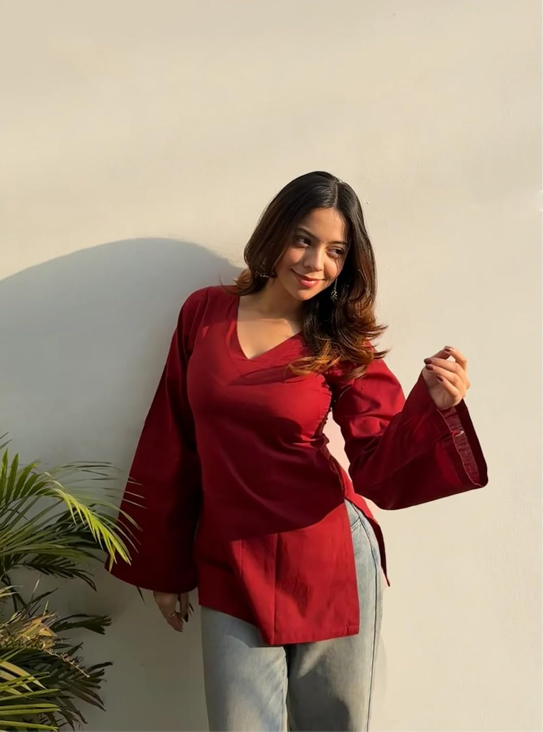 ANNI Designer Short Kurti for Women Latest Solid Design | V Neck Full Sleeve Kurti Tops for Women | Stylish Kurtis & Short Kurtis for Woman | Casual Kurti with Jeans | Kurtas for Woman
