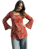 ANNI Designer Women’s Viscose Printed Short Kurti | Straight Fit Ethnic Top with Square Neck | Bell Sleeve Casual Indian Kurta for Office College, Party