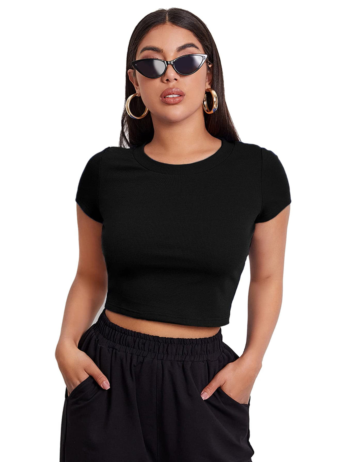Aahwan Black Solid Ribbed Slim Fit Baby Tee Crop Top for Women's & Girls' (116_Black-L)