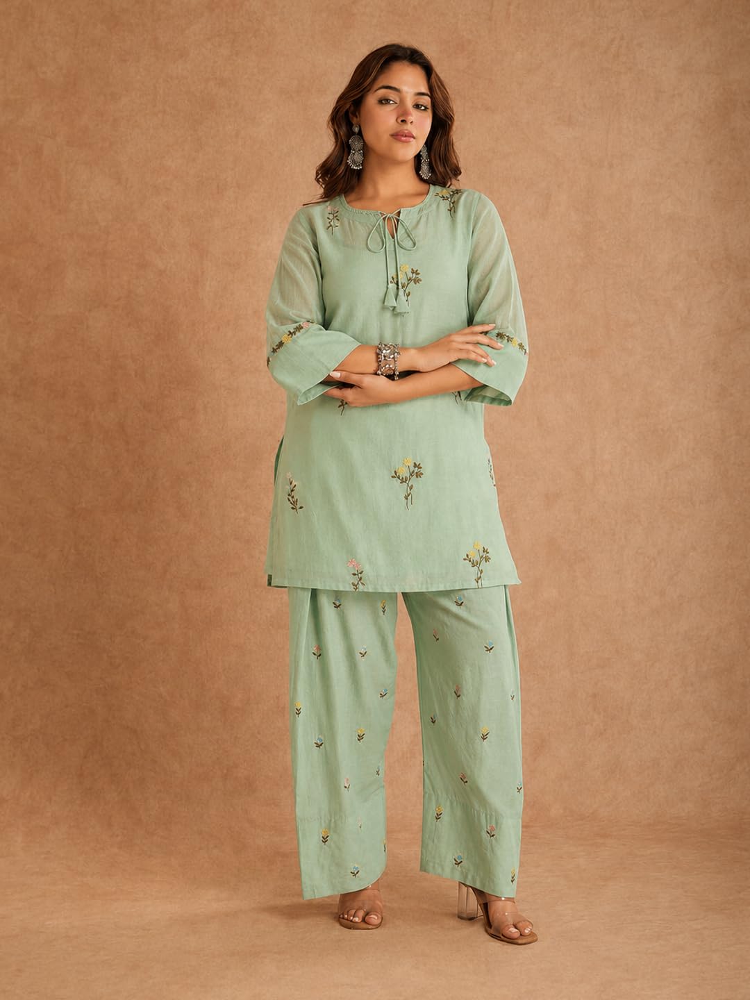ANNI Designer Farshi Salwar Suit for Women Viscose Embroidered | Co Ord Set for Woman | Straight Kurta Palazzo Outfit Round Neck V Slit 3/4 Sleeve Ethnic Dress Womens Clothing