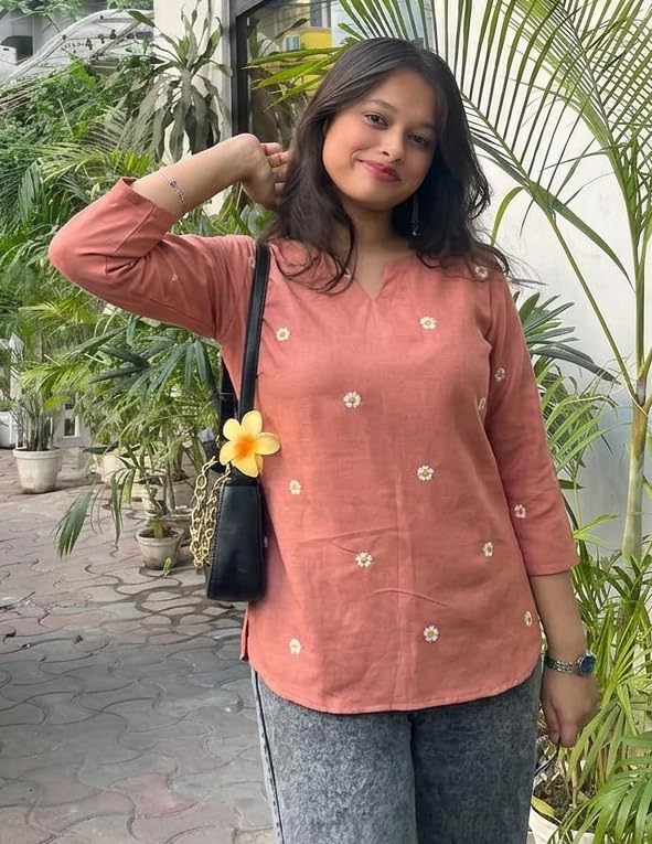 Women Peach Embroidered Cotton Short Kurti | Casual Office & College Kurti Top for Girls