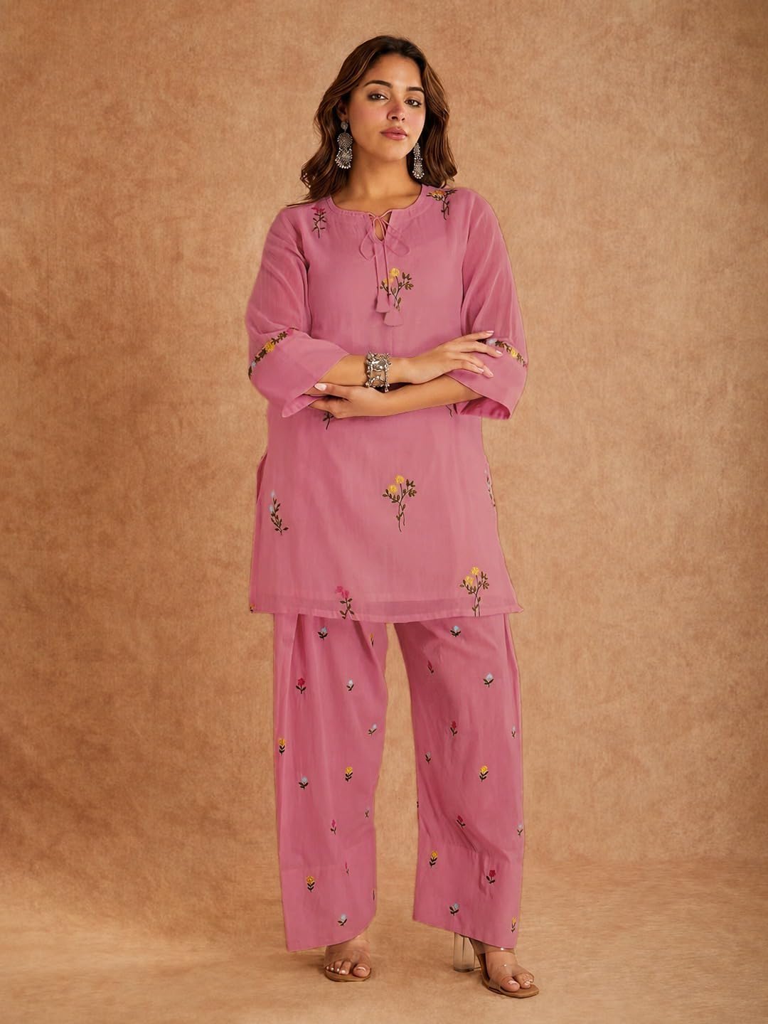 ANNI Designer Farshi Salwar Suit for Women Viscose Embroidered | Co Ord Set for Woman | Straight Kurta Palazzo Outfit Round Neck V Slit 3/4 Sleeve Ethnic Dress Womens Clothing