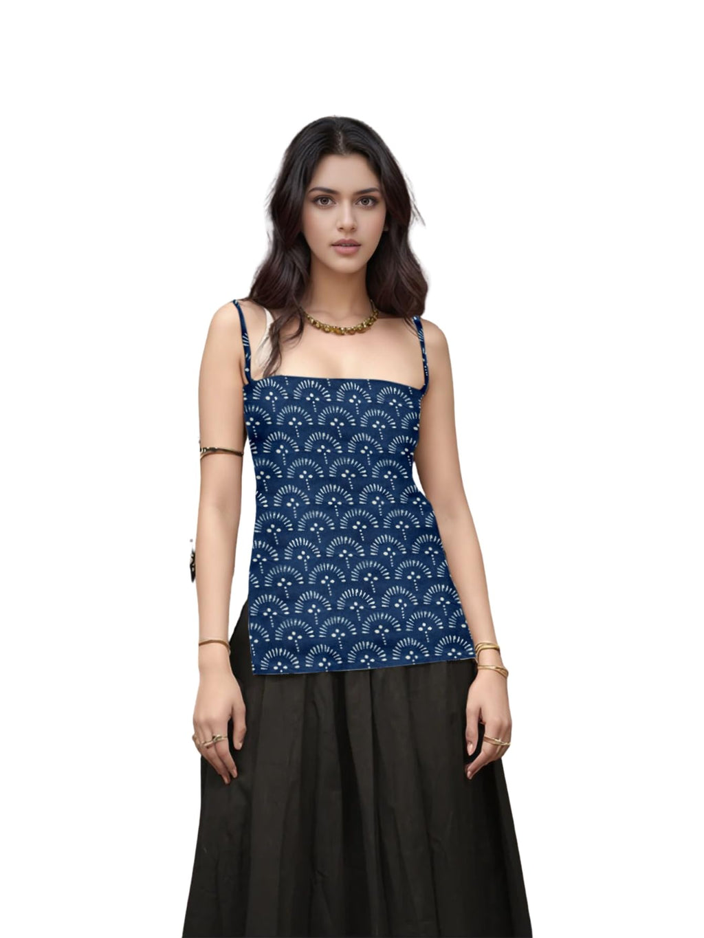 Aahwan Black Printed Square Neck Sleeveless Backless Short Indo-Western Ethnic Kurti Top for Women's & Girl's