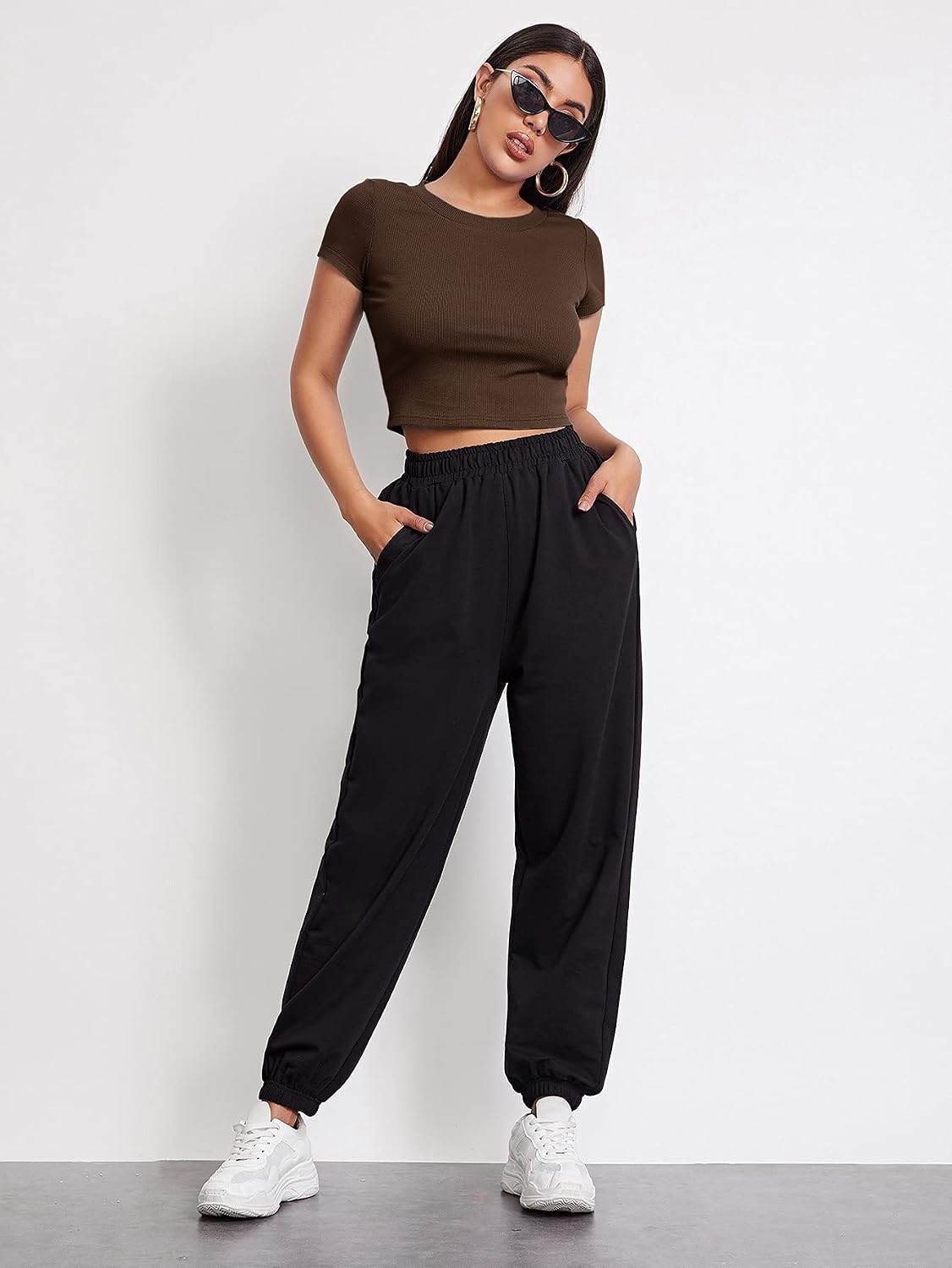 Aahwan Black Solid Ribbed Slim Fit Baby Tee Crop Top for Women's & Girls' (116_Black-L)