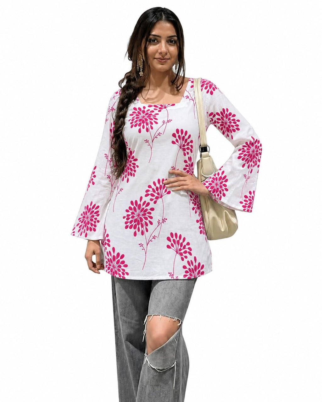 SONISHA Women's Rayon Floral Print Short Kurti for Women Elegance Square Neck, Long Sleeves with Style Criss Cross Back Kurti, Top for Office Wear, Casual, Outdoor