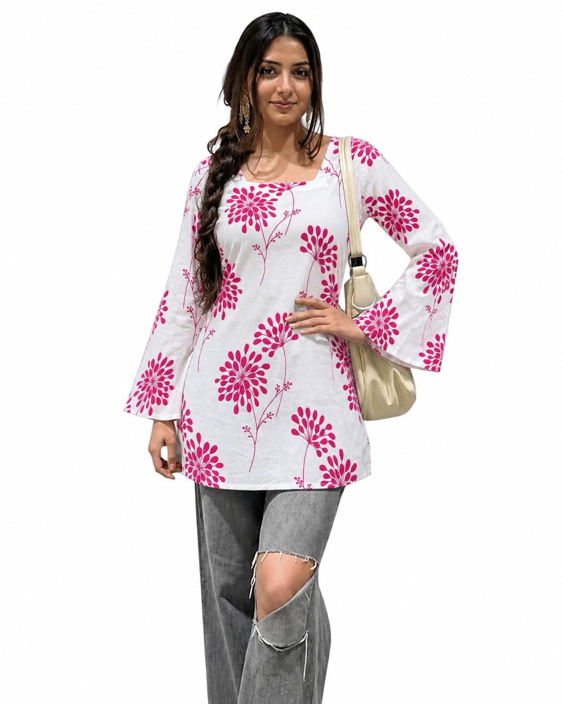 SONISHA Women's Rayon Floral Print Short Kurti for Women Elegance Square Neck, Long Sleeves with Style Criss Cross Back Kurti, Top for Office Wear, Casual, Outdoor