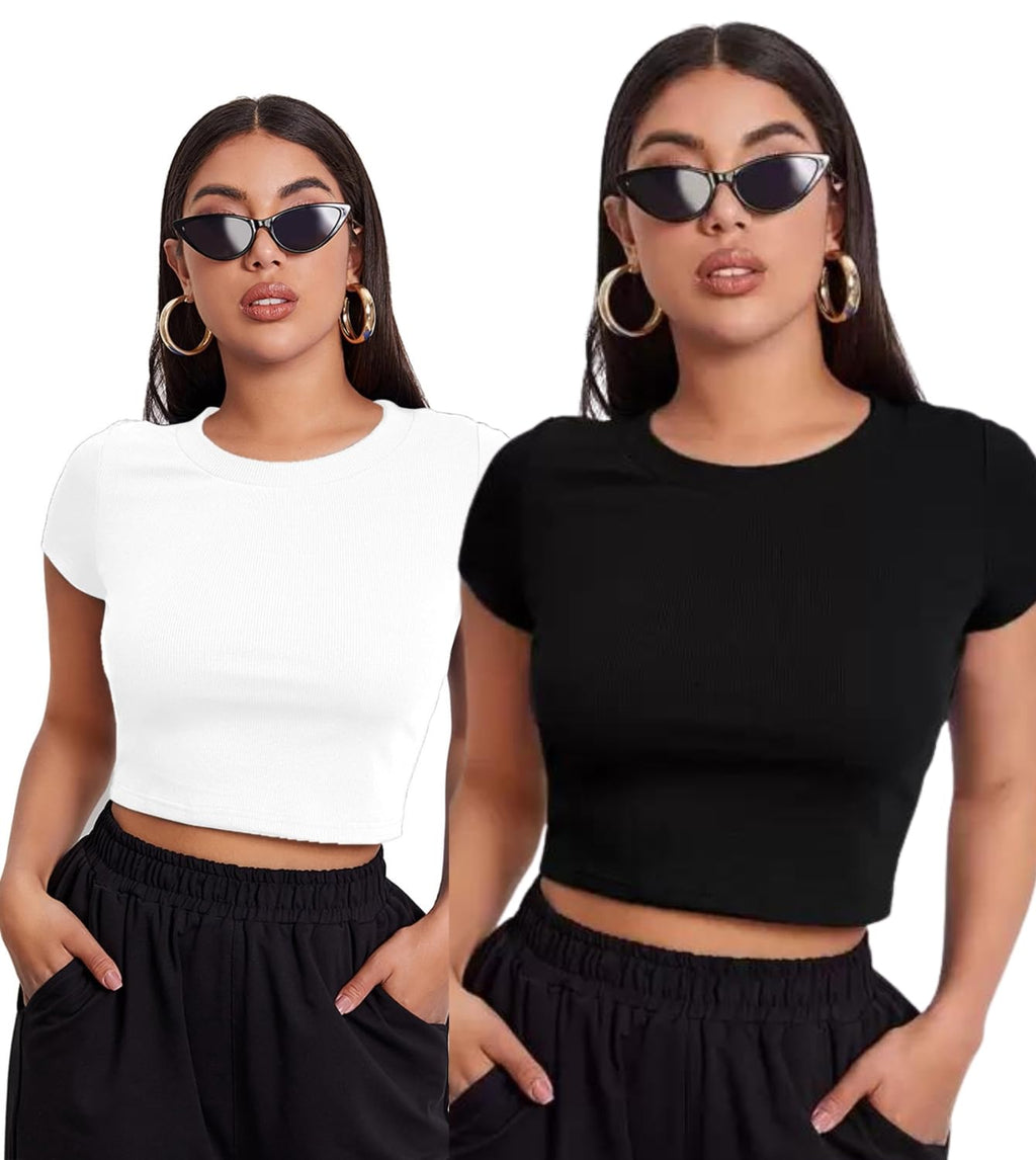 Aahwan Black Solid Ribbed Slim Fit Baby Tee Crop Top for Women's & Girls' (116_Black-L)