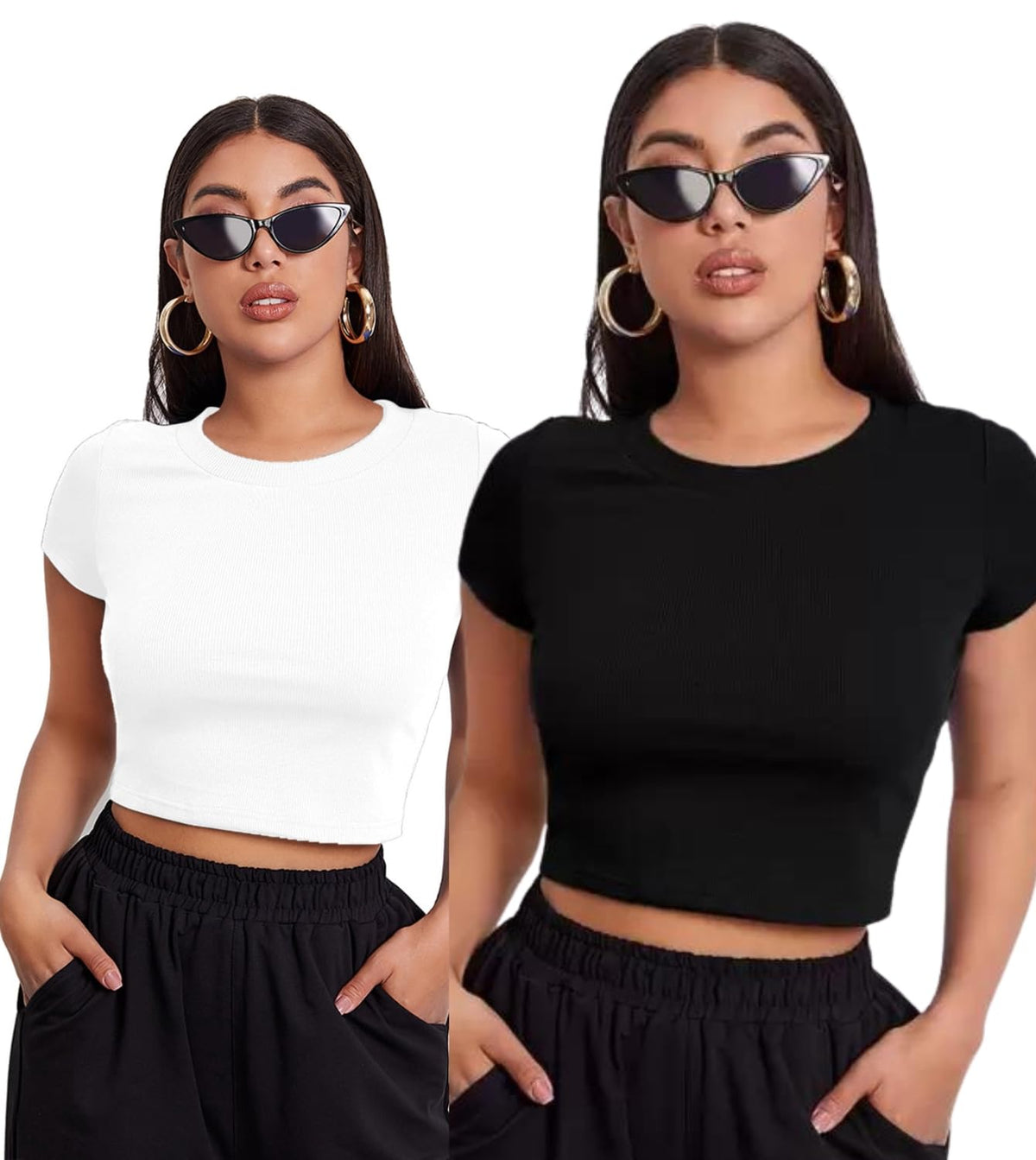 Aahwan Black Solid Ribbed Slim Fit Baby Tee Crop Top for Women's & Girls' (116_Black-L)